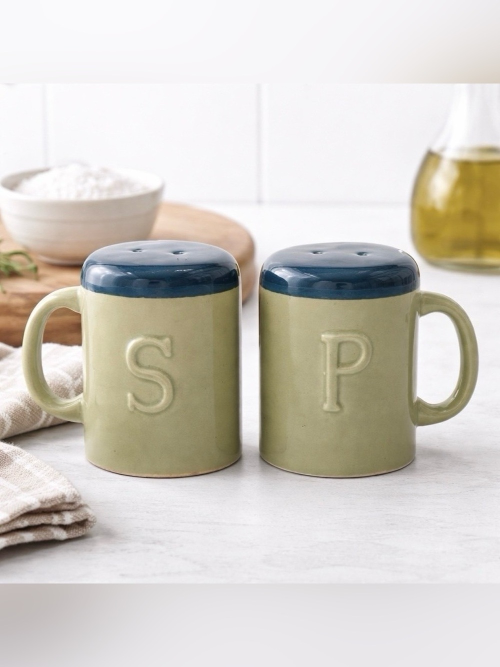 Vintage Ceramic Salt Pepper Shakers Raised Letters Blue Beige Farmhouse